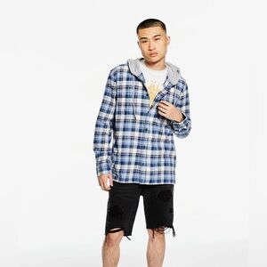 Blue and Gray Plaid Button-Up Shirt with Hood Flannel